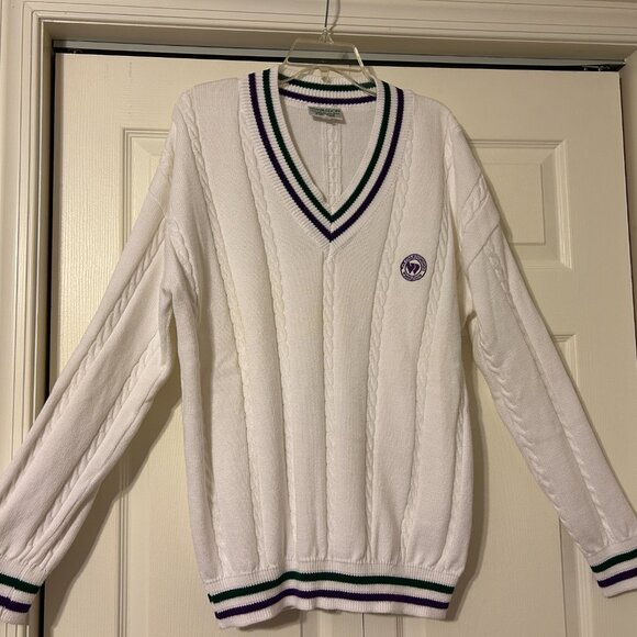 Mens WIMBLEDON Sz M White V-Neck Long Sleeve Cable Knit Tennis Sweater Top - Picture 2 of 8